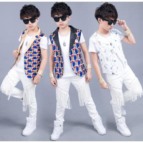Jazz Costumes Kids Sequined Vest Jacket White Tassel Pants Boys Street Dancewear Trendy Hip Hop Stage Outfit Children DNV11843