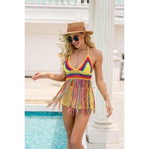 H80&S90 New Sexy Hand Crochet Beach Cover Ups Bra Women Handmade Knitted Multi Long Tassel Crop Top Swimwear Female Beachwear