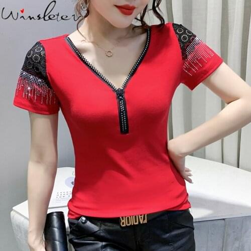 Summer European Style T-Shirt Sexy V-Neck Zipper Shiny Diamonds Women Tops Short Sleeve Bottoming Shirt All Match Tees T14310A