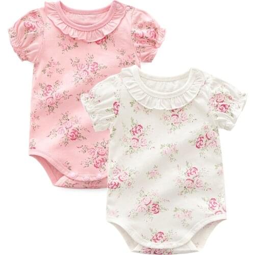 Summer Baby Girl Clothes Newborn Infant 1 year Birthday Baby Flower Bodysuit Short Sleeve Cotton 0 3 6 9 Months Baby Jumpsuit