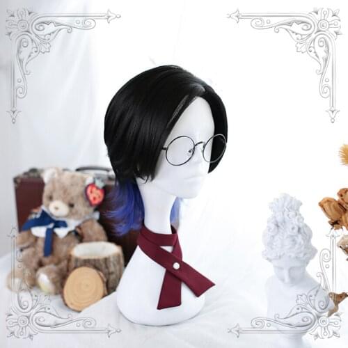 Male Black Straight Hair Tail Blue Gradual Change Wig Men Wigs Lolita Cosplay Party
