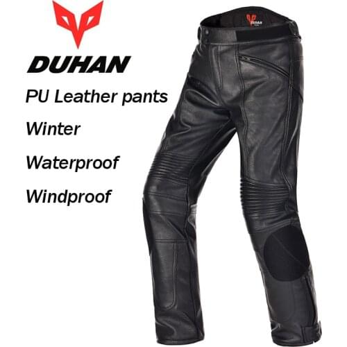 DUHAN Mens PU Leather Motor Racing Waterproof Windproof Pants Motorcycle Riding Protective Trousers