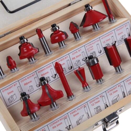 15pc Router Bit Set 1/4" 6.35mm Shank Wood Carving Tungsten Carbide Tipped Woodworking Milling Cutter Trimming knife w/Wood case