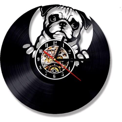 Lovely Pug Dog British Bulldog Vinyl Record LED Wall Clock Modern Design Animal Puppy Wall Clocks Nursery Wall Art Decor