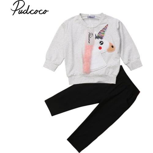 6M-5Y Kids Baby Girls Clothes Fall Winter Warm Cute Plush Unicorn Print Tops Sweatshirts+Casual Black Pants 2PCS Outfits Set