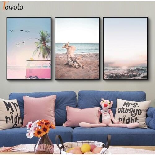Nordic Style Landscape Canvas Painting Wall Art Decoration Picture for Living Room Wall Poster Print Pink Tour Car Home Decor