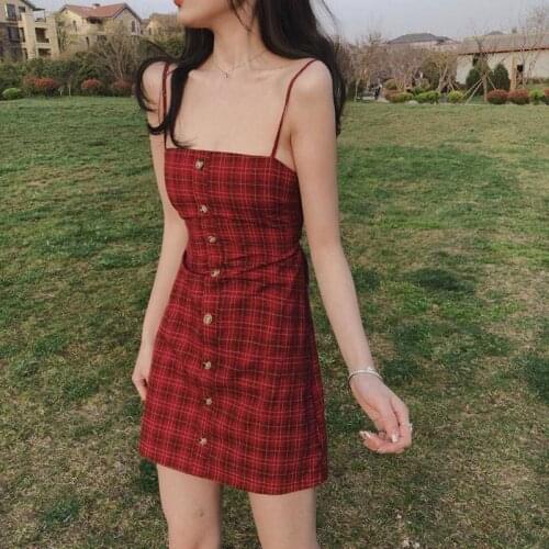 Revealed back strap plaid dress female slim slimming A word dress