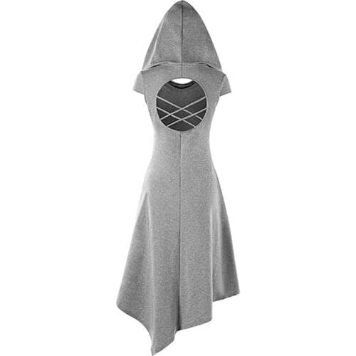 Drop Shipping Women Hooded Short Sleeve Lace Up Vintage Pullover High Low Long Hoodie Dress S-2XL