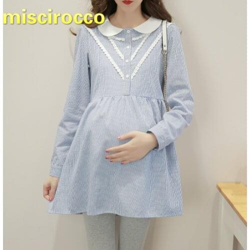Maternity Clothes Cotton Shirt Pregnant Womens Shirt Long-sleeved Doll Collar Mid-long Striped Big Size Women Spring Top Autumn