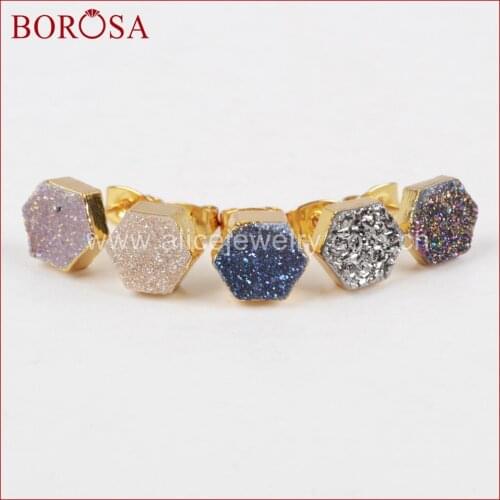 BOROSA Drusy Crystal Stud Earrings,Fashion Hexagon Gold Color Natural Crystal Druzy Titanium Rainbow Druzy Earrings G1275