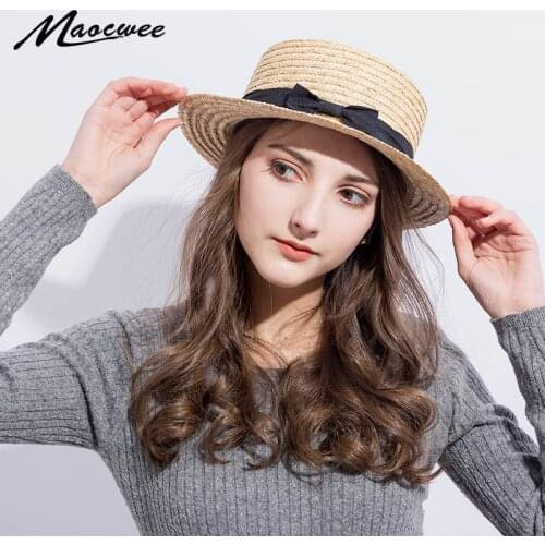 Sun Hat Seaside Beach Hat Summer Women Narrow-brimmed Outdoors Visors Casual Straw Hats Brim With Ribbons Bow Female Flat top Ca