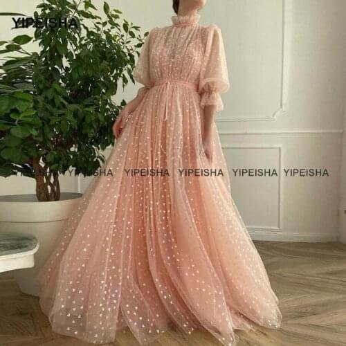 Yipeisha 2021 Pink Hearty Gown High Collar Half Sleeves Party Dress A-line Vestido de Fiesta Formal Prom Dresses