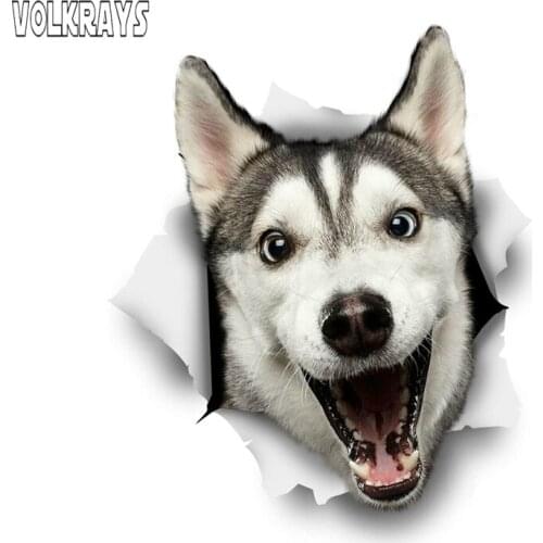 Volkrays Cute 3D Car Sticker Happy Husky Dog Waterproof Cover Scratch PVC Decal for Auto Laptop Bicycle Helmet Windows,15cm*15cm