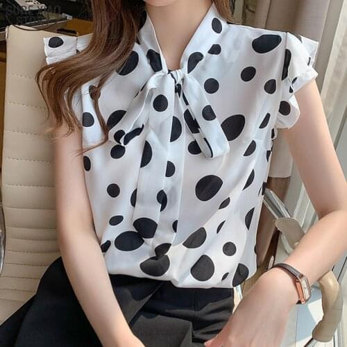 Office Lady Chiffon Dot Women Shirts 2021 Summer Sleeveless Women Blouse and Tops Printing Bow Female Clothing Blusas 14203