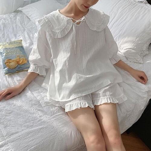 Female Lolita Pajama Suits Princess Girls Sleepwear Tops Shorts Vintage Ladies Turn Down Collar Pyjamas Set Loungewear Homewear