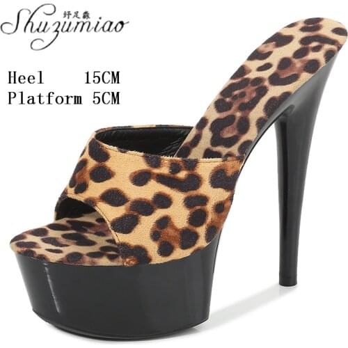 Female Outside Sexy Leopard Stripper Walking Show Super High Heels Slippers Womens Shoes Party Club 15 CM Nightclub Stiletto