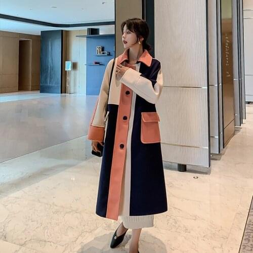 Woolen Coat For Women Double-Sided Over The Knee Single Breasted Woolen Overcoat Fashion Color Matching Lapel Mid-Length Outwear