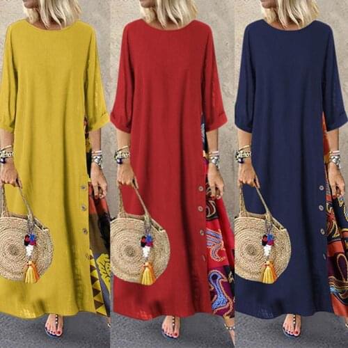 Summer Autumn Women Dress Plus Size Women Vintage O Neck 3/4 Sleeve Side Buttons Printed Loose Long Dress Female Dresses Vestido
