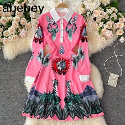 2021 New Summer Fashion turn-down collar long sleeve Dress high waist pleated waist single breasted print A-line Dress