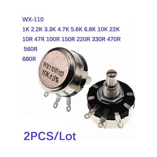2PCS WX-110 WX010 1W 10 Ohm -22K Ohm 10R-22K 3 Soldering Terminals 6mm Round Metal Shaft Single Turn Wire Wound Potentiometer
