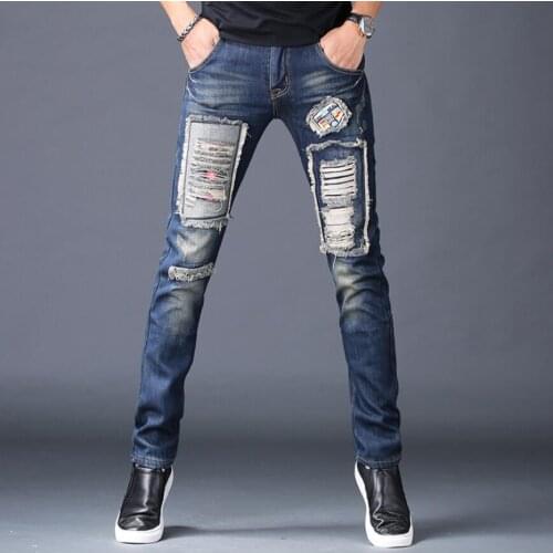 28-40 Autumn And Winter Plus Velvet Jeans Mens Korean Version Slim Feet Broken Hole Casual Pants Slim Straight Jeans Costumes