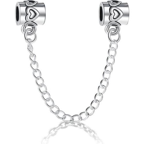 5PCS Wholesale Rhodium Plated Zinc Alloy Heart Safety Chain Beads Fit Bracelets DIY Jewelry Making For Women Stopper Charms