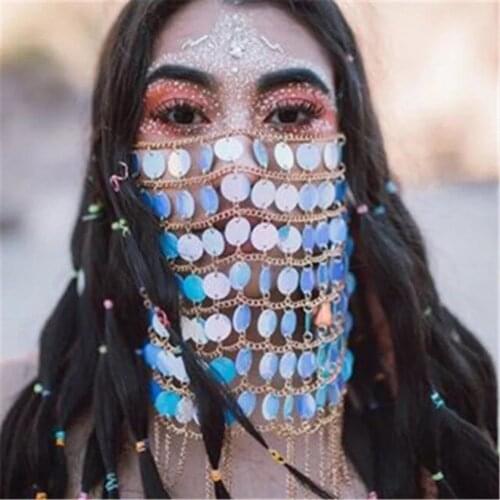 Handmade Sequins Round Beading Alloy Mask For Women Vintage Bohemian Dance Show Party Sequined Tassel Female exotic Mask Jewelry