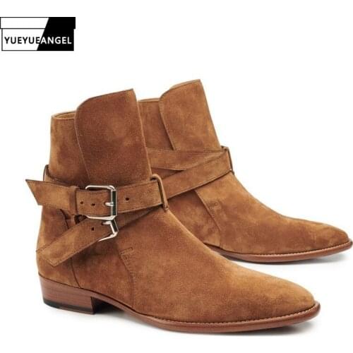 British Mens Cow Suede Leather Cowboy Riding Boots Buckle Pointed Toe Chelsea Boots Real Leather Motor Biker Ankle Boots