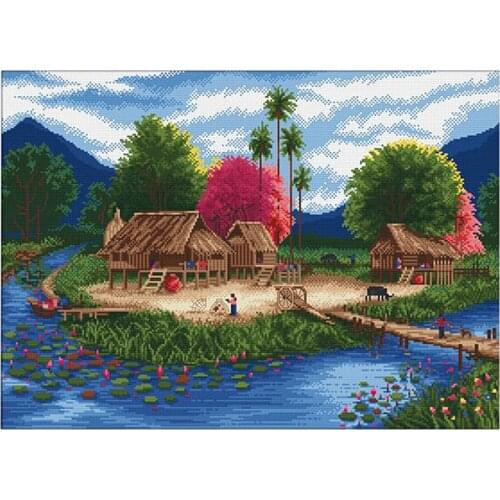 Country Landscape Stamped Cross Stitch Kits for Beginners Hand Embroidery Kit