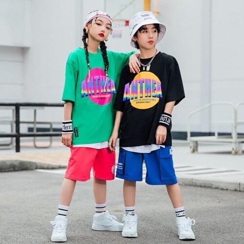 New Loose Short Sleeved Shorts Hip Hop Dance Costumes For Kids Children Jazz Performance Rave Clothes Street Dance Wear DQS6968