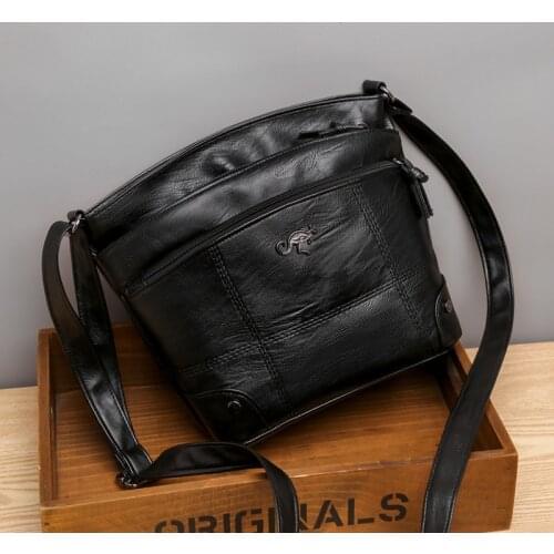 European and American trend of soft leather bag womens messenger shoulder bag simple retro multi-pocket large capacity