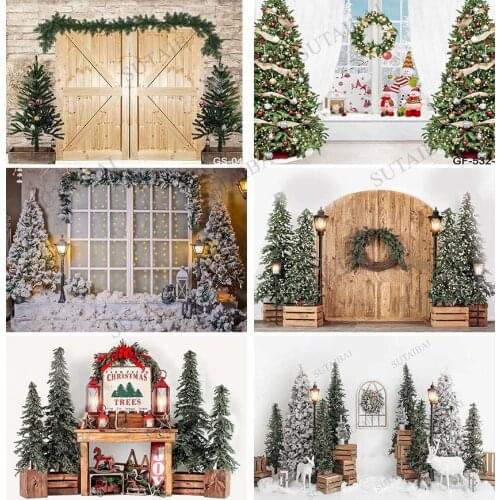 Christmas Tree Photography Backdrops Street Lamp Decor Vintage Wooden Door Photocall Christmas Phoro Background Photo Studio