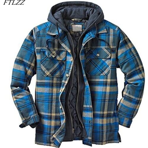 FTLZZ Autumn Winter Men Jacket European American Thick Cotton Plaid Long-sleeved Loose Hooded Jacket Casual Solid Coat