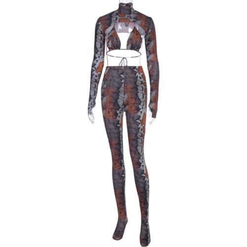 Womens Female Snakeskin Printed Three-piece Fashion Party Exotic Sets Long Sleeve Crop Top with Lace-up Bra Pantyhose Leggings