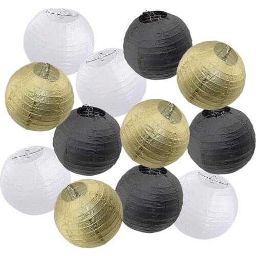 Graduation Party Favor 12pcs/lot Gold/Black/White Hanging Round Paper Lantern 8" 10" 12" 14" 16" Kids Birthday Decor Ornaments