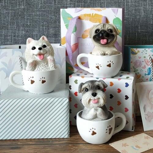 Resin Mini 4inch Cute Puppy In Cup Animal Pet Dog Sculpture Figures Decoration Ornament Craft with Gift Bag