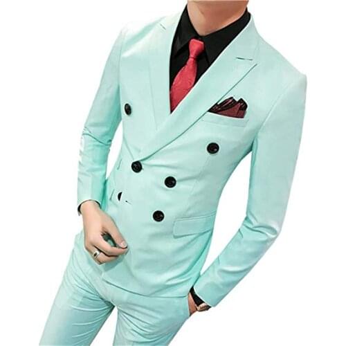 Fashionable Double Breasted Groom Tuxedos Groomsmen Peak Lapel Mens Suits Blazers (Jacket+Pants+Tie) W:963