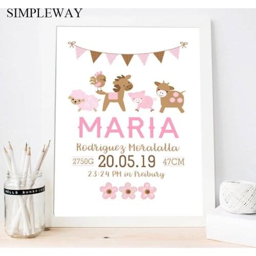 Pink Baby Birth Custom Poster Nursery Cartoon Animal Print Canvas Painting Wall Art Picture Nordic Kids Girl Bedroom Decoratio