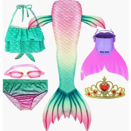 NEW!6PCS/Set Kids Girls Mermaid Tails with Fin Swimsuit Bikini Bathingit Dress Add Monofin With Goggle Crown Carnival Costumes