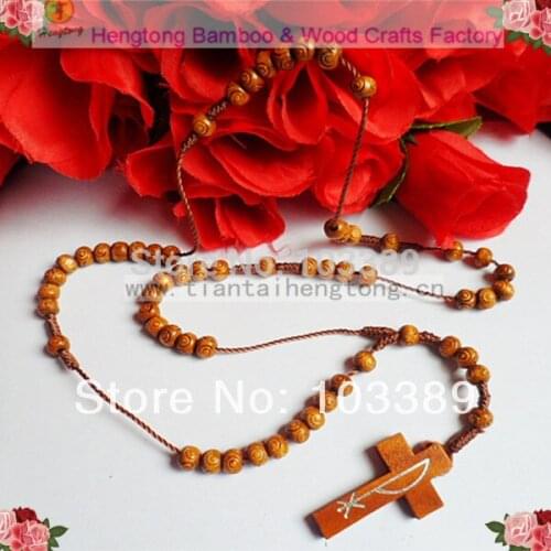 24pcs/pack 2 color 6MM brown bead rosary necklace / wood religious rosary necklace/cord rosary with circle carved on beads