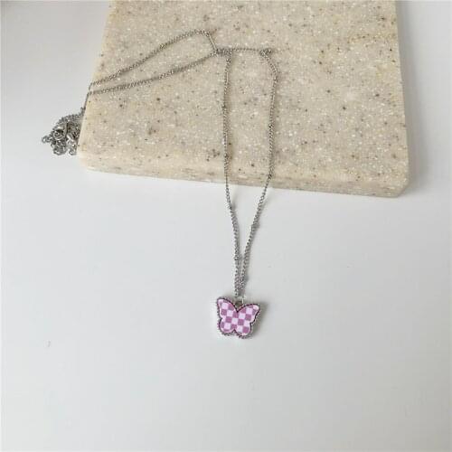 LOVOACC Fashion Black White Plaid Butterfly Pendant Necklace for Women Beads Thin Chain Simulation Wing Chokers Necklaces Gift