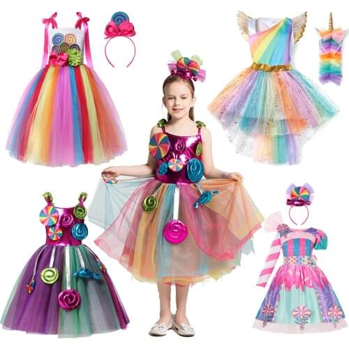 Sweet Candy Girl Clothes Summer Kids Carnival Frock Little Girl Birthday Fancy Rainbow Tutu Dress with Hairband Child Party Gown