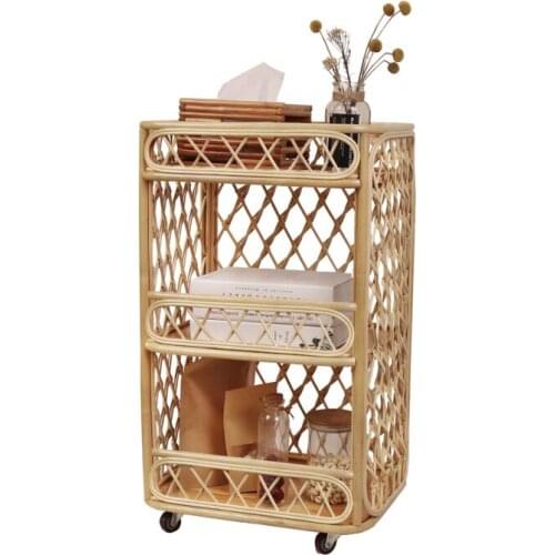 Handmade rattan movable storage racks with wheels bathroom organizer and storage