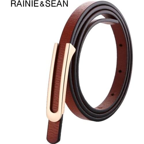 RAINIE SEAN Vintage Belts for Women Real Leather Thin Waist Belt Solid Brown Red Black White Cowskin High Quality Women Belt