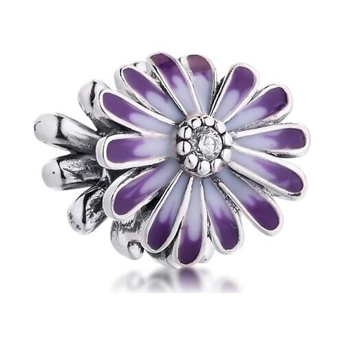 Garden Purple Daisy Dangle Charm for Bracelets Mothers Day Women Wholesale Beads DIY S925 Sterling Silver Free Shipping Pendant