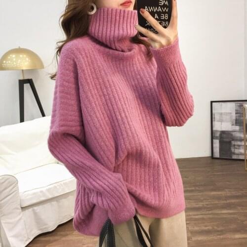 Loose lazy wind solid color pit strip high collar pullover sweater female long-sleeved knitted top 2020 new