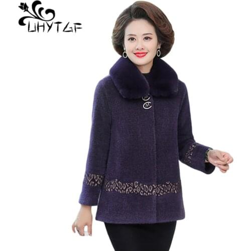 UHYTGF Elegant Mother Short Coat Womens Quality Mink Fleece Autumn Winter Woolen Jacket Thick Warm Casual Plus Size Outwear 1123