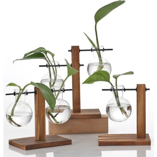 Modern Hydroponic Glass Plant Vase Home Decoration Creative Living Room Desktop Decor Ornament Wooden Frame Flower Vase