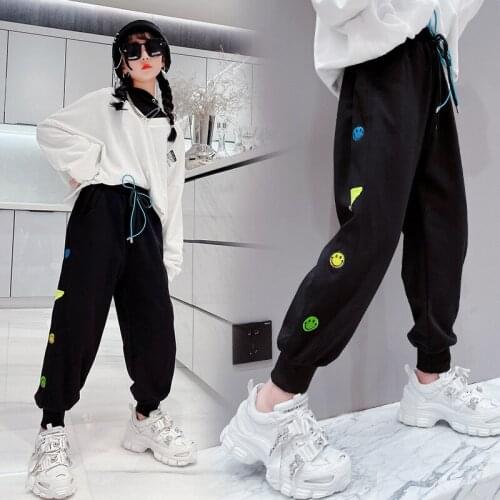 Spring And Autumn Sports And Leisure Childrens Pants Girls Clothes 4-14 Years Old Fashion Cartoon Smiley Trousers Loose Pants