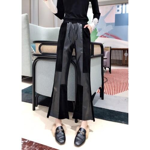 Leather Pants Womens 2020 Autumn Winter High-waisted Gold Velvet Splice PU Leather Wide Leg Flared Trousers